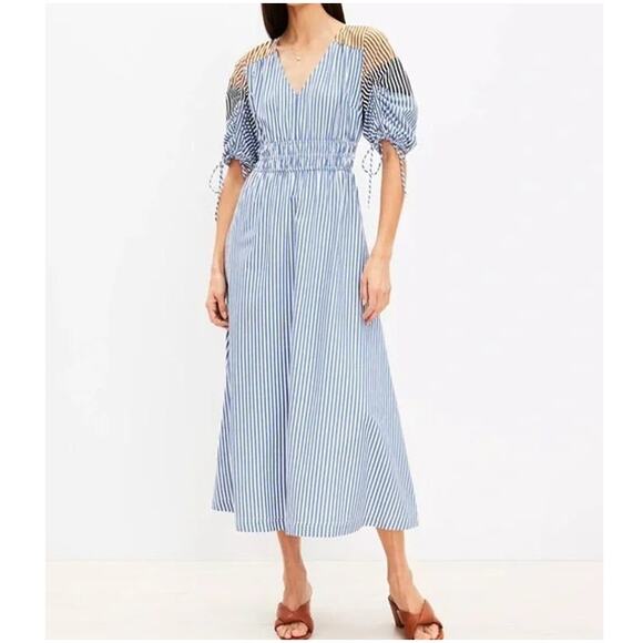 Loft MP Striped Tied Puff Sleeve Midi Dress‎ Beach Nautical Spring Casual Party - Picture 1 of 13